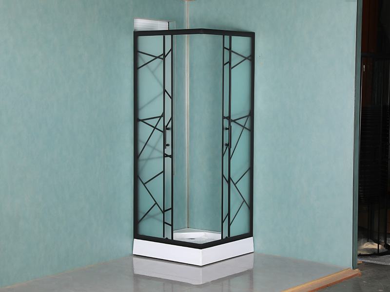 SQ 슬라이딩 샤워 인클로저, 인쇄가 있는 무광택 강화 유리, 검정색 알루미늄 프로파일, 이중 구멍 손잡이, 트레이 포함 SQ 슬라이딩 샤워 인클로저, 인쇄가 있는 무광택 강화 유리, 검정색 알루미늄 프로파일, 이중 구멍 손잡이, 트레이 포함