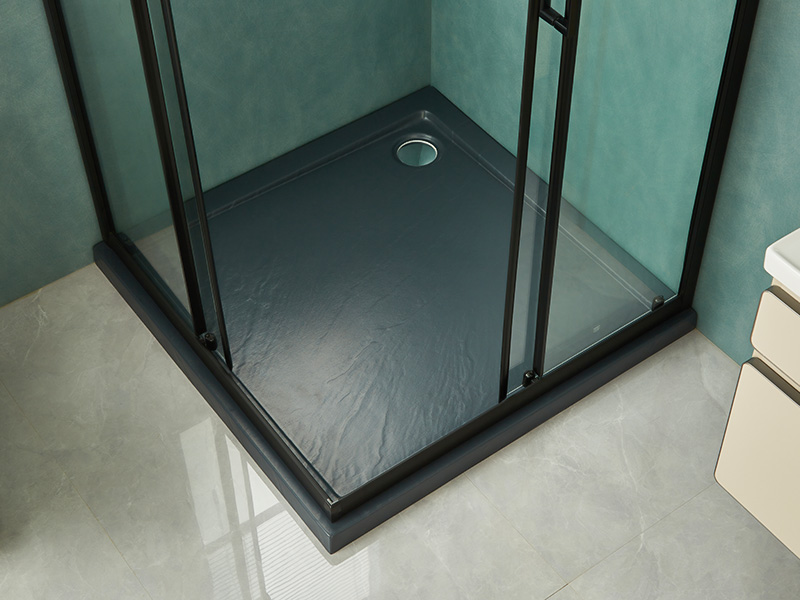 SQ 슬라이딩 샤워 인클로저, 투명 강화 유리, 검정색 알루미늄 프로파일, 이중 구멍 손잡이, 트레이 포함 SQ 슬라이딩 샤워 인클로저, 투명 강화 유리, 검정색 알루미늄 프로파일, 이중 구멍 손잡이, 트레이 포함