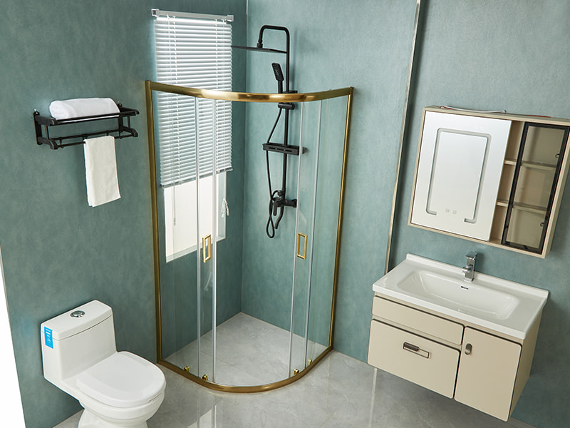 SE 슬라이딩 샤워 인클로저, 투명 강화 유리, 골드 알루미늄 프로파일, 이중 구멍 손잡이, 트레이 없음 SE 슬라이딩 샤워 인클로저, 투명 강화 유리, 골드 알루미늄 프로파일, 이중 구멍 손잡이, 트레이 없음